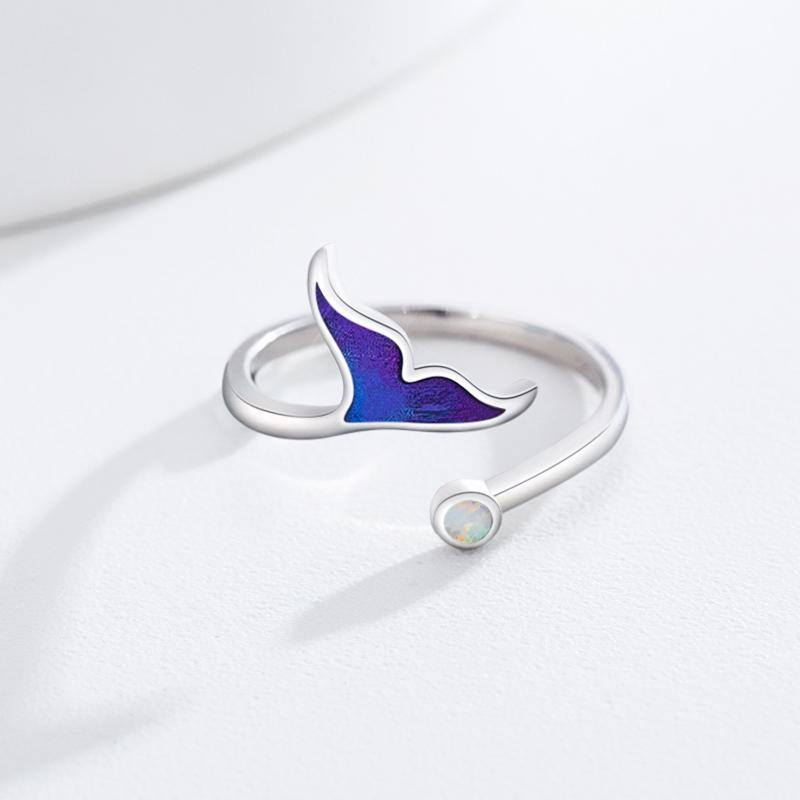 Mermaid Tail Dolphin Adjustable Open Ocean Opal Ring Jewelry 925 Sterling Silver